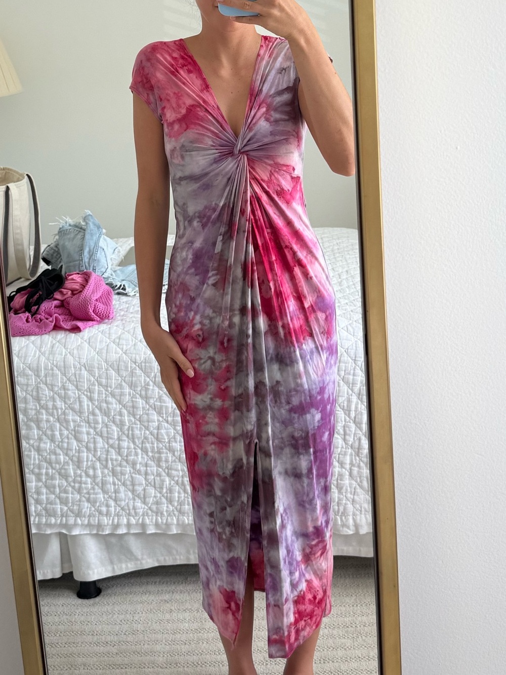 Tie-Dye Pink & Purple V-Neck Twist Midi Dress